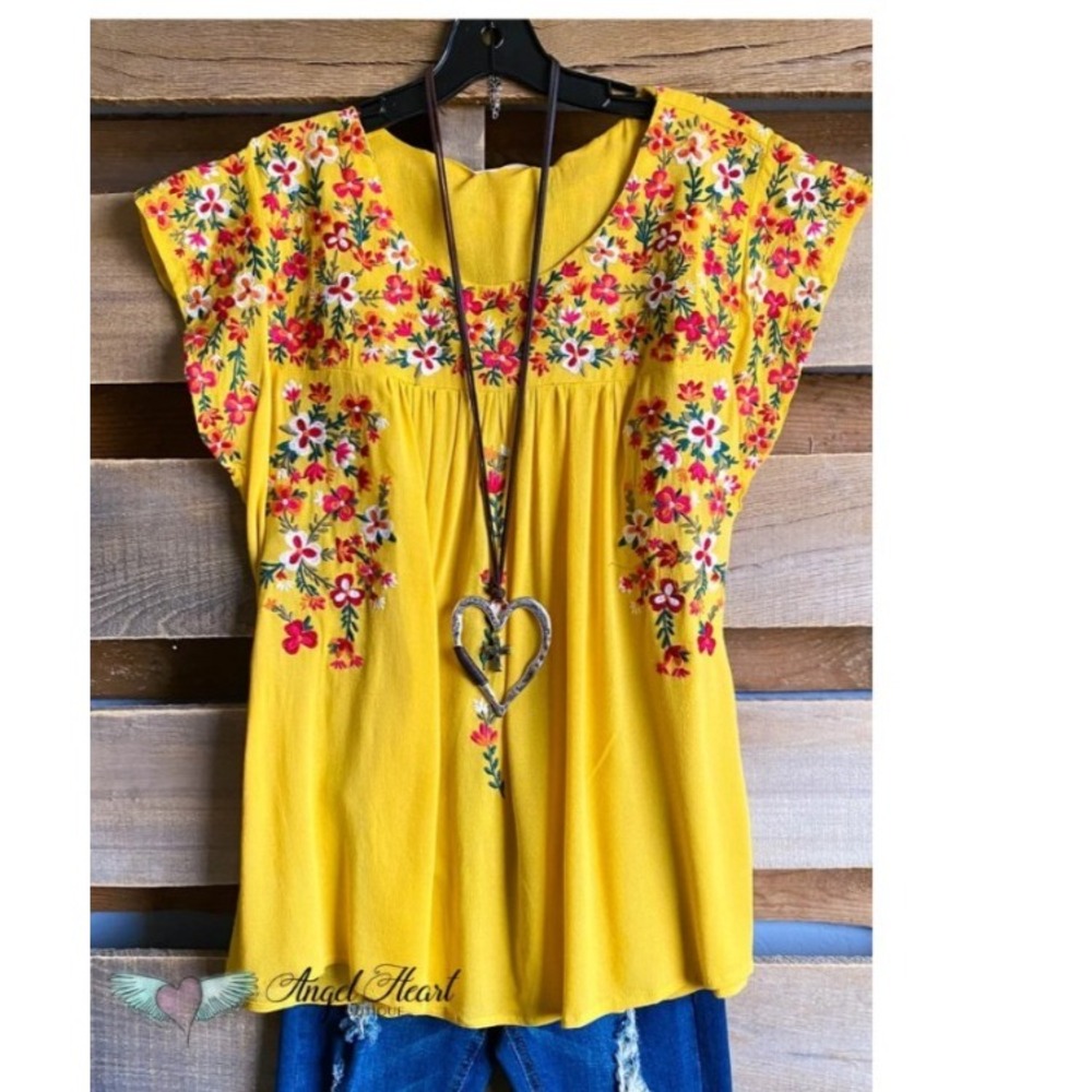 Women's Embroidered Top Boho 1X Angel Heart Yellow Embroidered Floral FLAWS